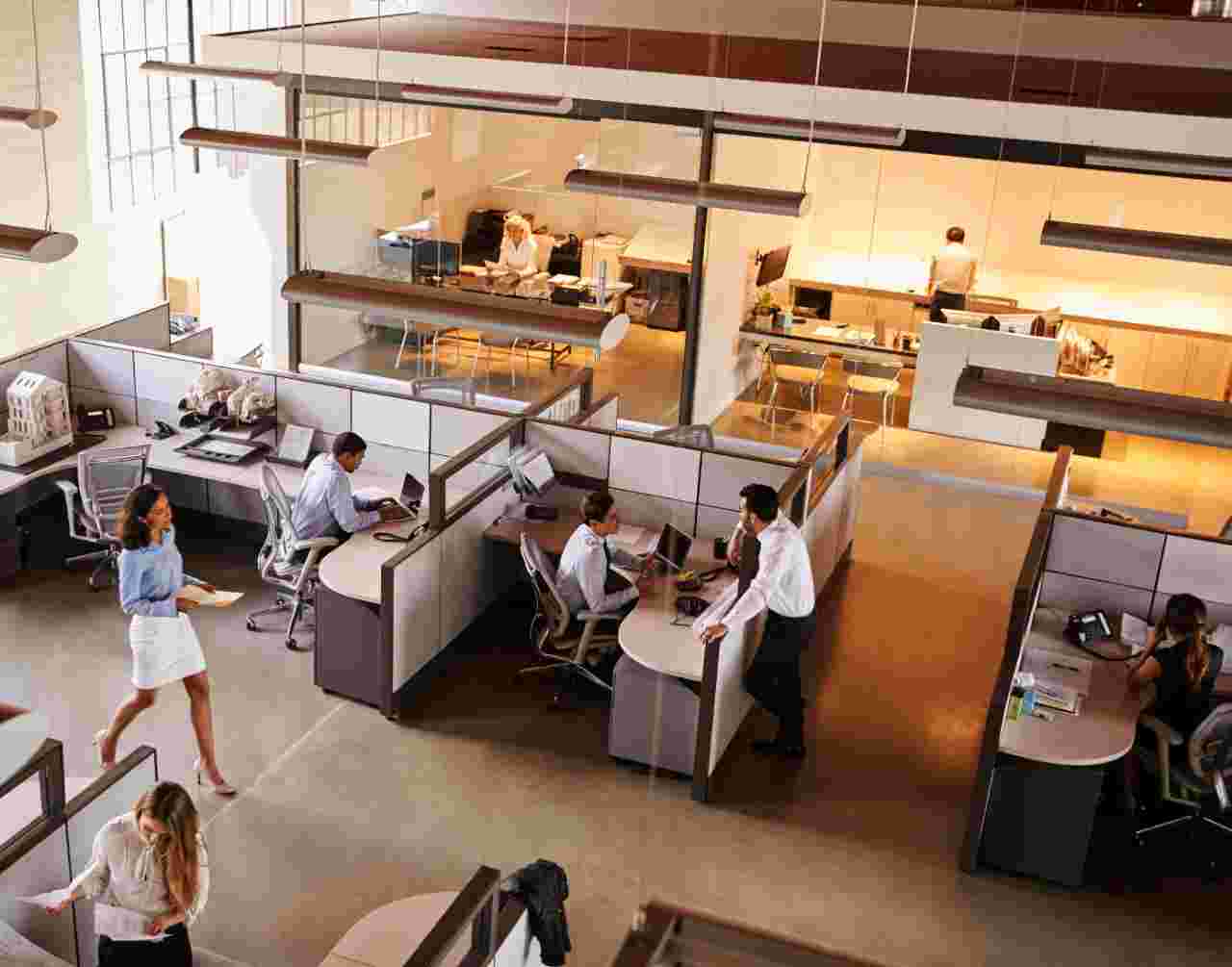 Elevated view of a busy open plan office